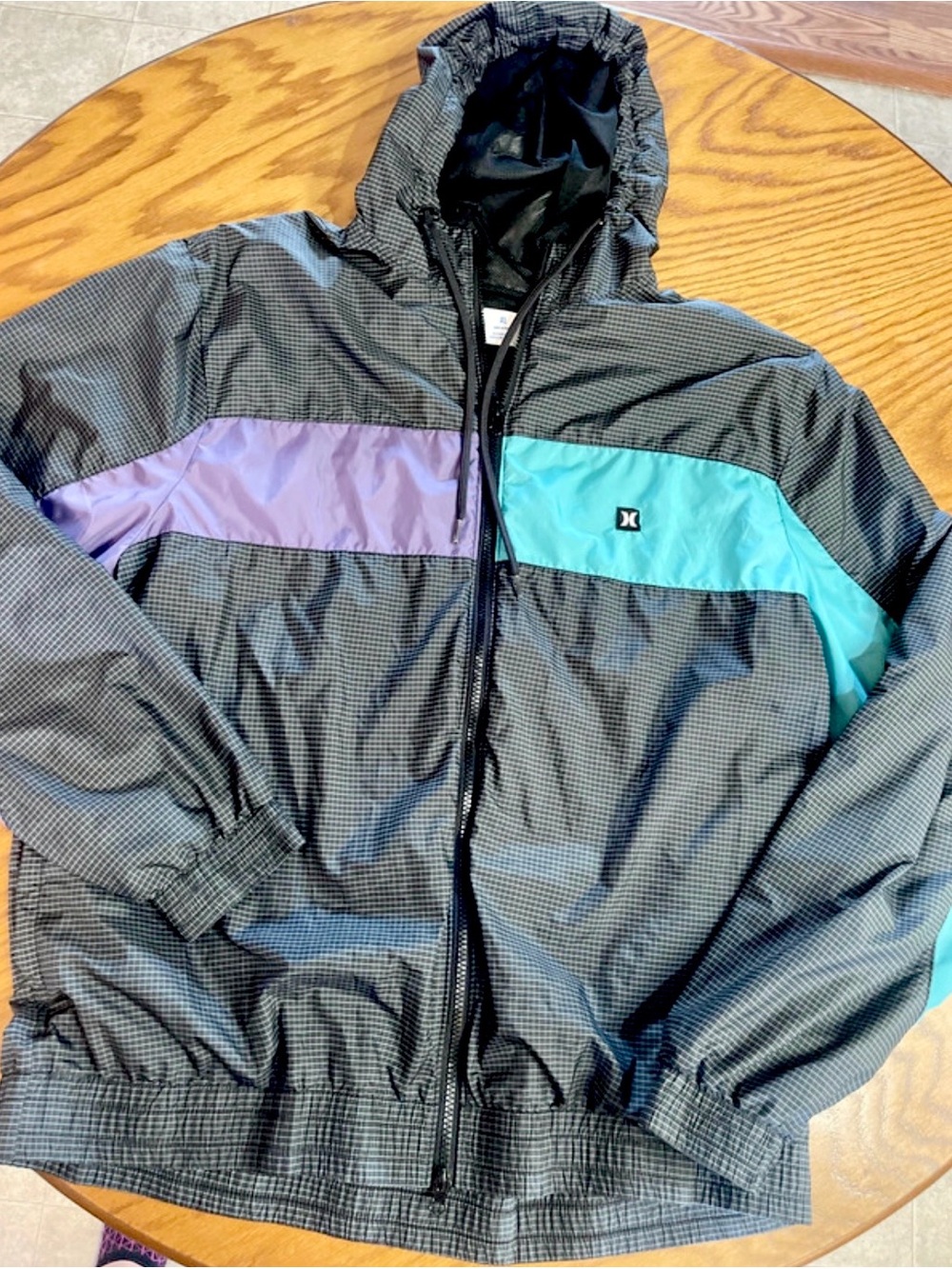 Hurley Black Windbreaker with Teal and Purple Panels